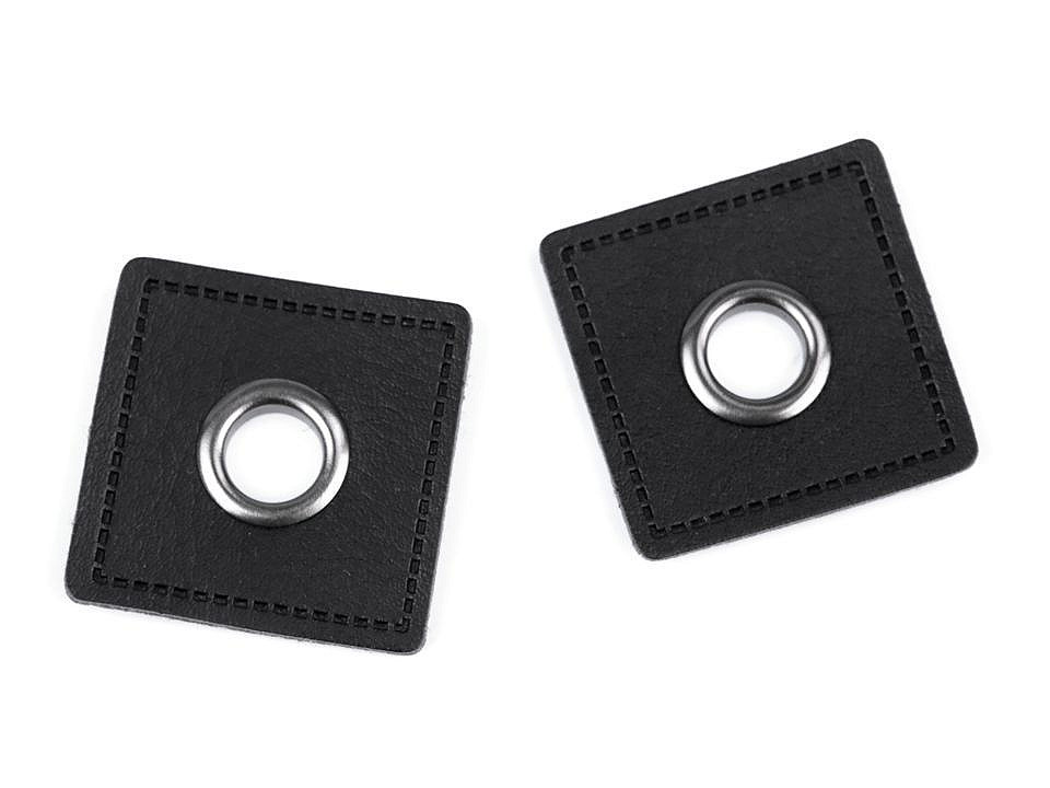 Grommet with leatherette square for sewing on, 8 mm hole, black, 20 pcs