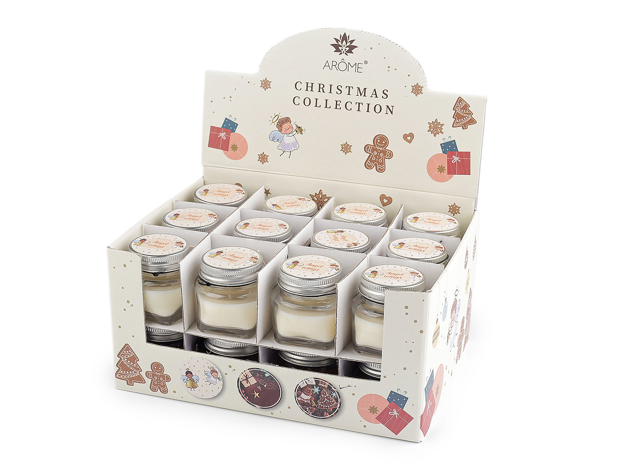 Malá vánoční vonná svíčka ve skle s jmenovkou 28 g, malé, 31 (Angel wings) krémová světlá