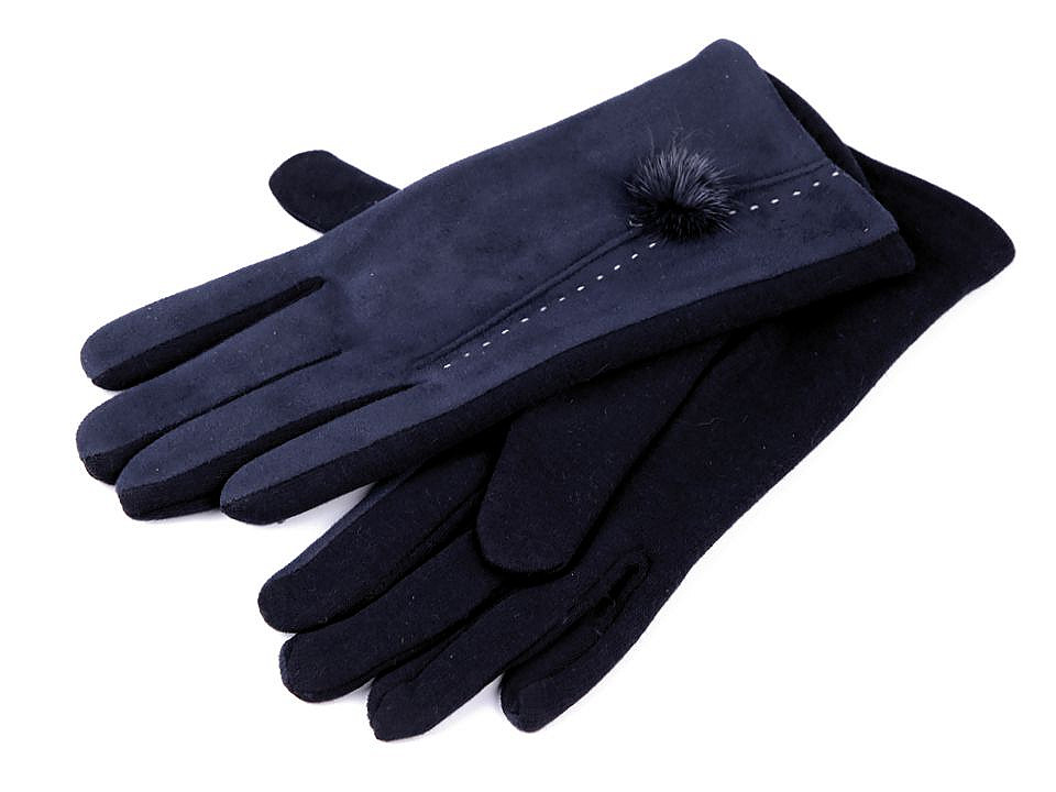 Mănuși de damă cu pompon din blană, negre, 1 pereche