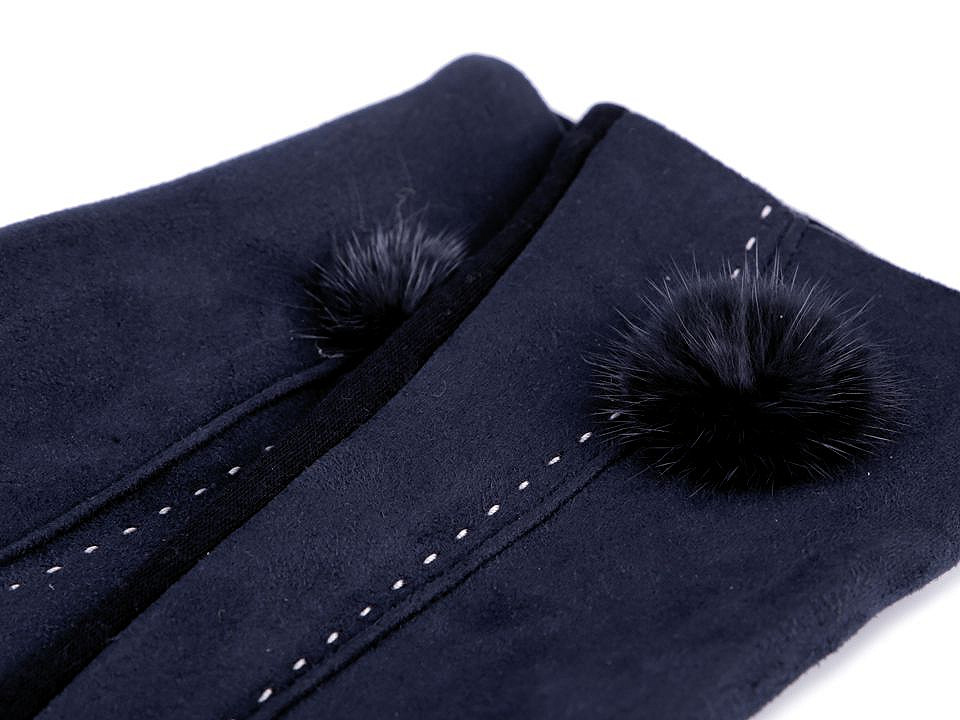 Womens gloves with fur pompom, black, 1 pair