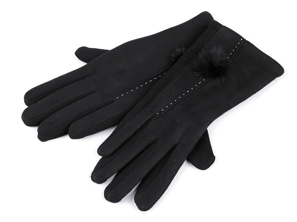 Damenhandschuhe mit Fellbommel, schwarz, 1 Paar