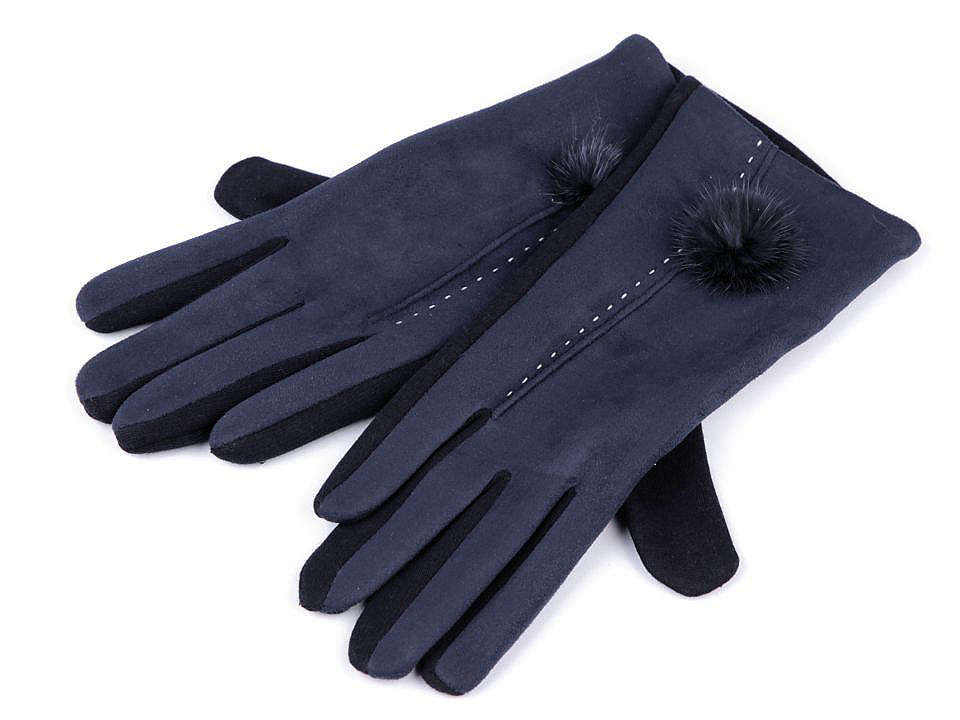 Women's gloves with fur pompom, dark blue, 1 pair