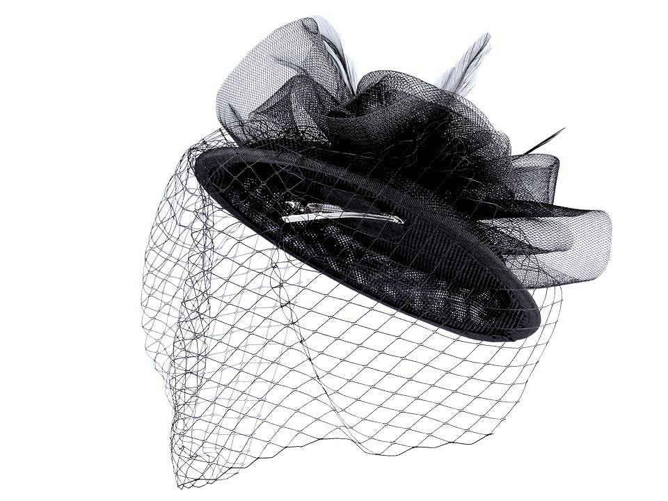 Fascinator / pălărie floare cu pene și voal franțuzesc, negru, 1 buc