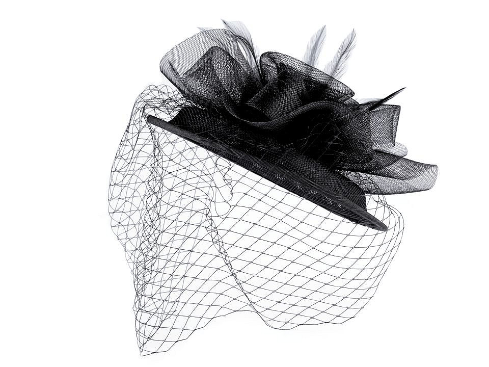 Fascinator / pălărie floare cu pene și voal franțuzesc, negru, 1 buc