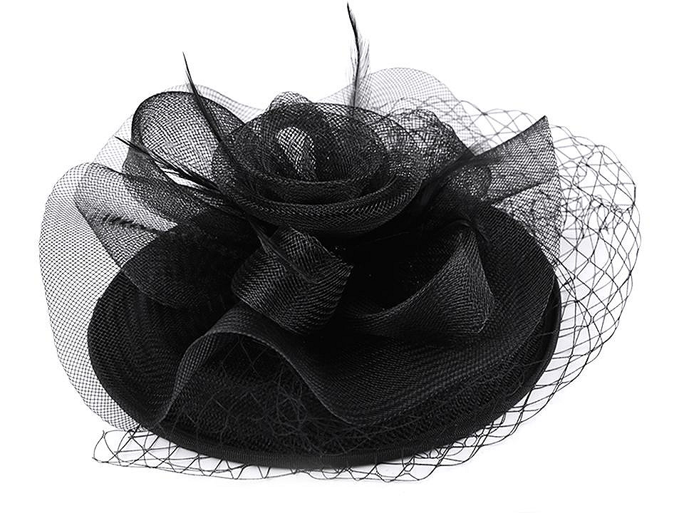Fascinator / pălărie floare cu pene și voal franțuzesc, negru, 1 buc