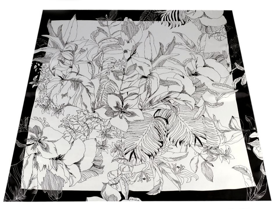 Eșarfă satinată cu flori 90x90 cm, bej-alb, 1 buc