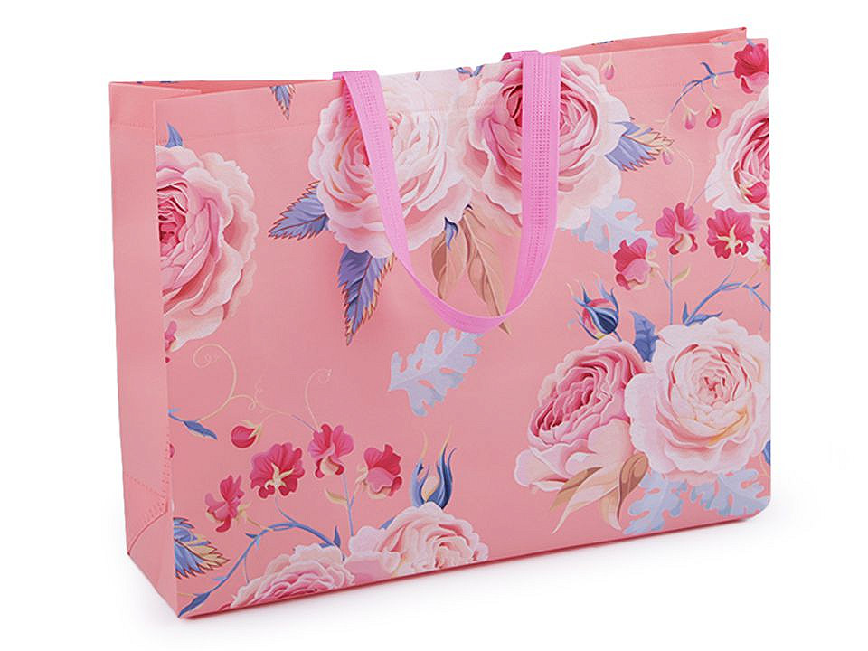 Einkaufstasche mit Rosenblüten, groß 32x42 cm, abwaschbar, hellkoralle, 1 Stück
