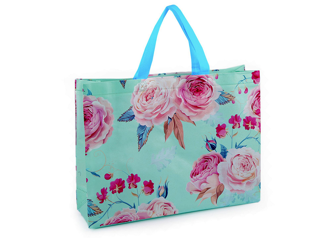 Einkaufstasche mit Rosenblüten, groß 32x42 cm, abwaschbar, mint, 1 Stück