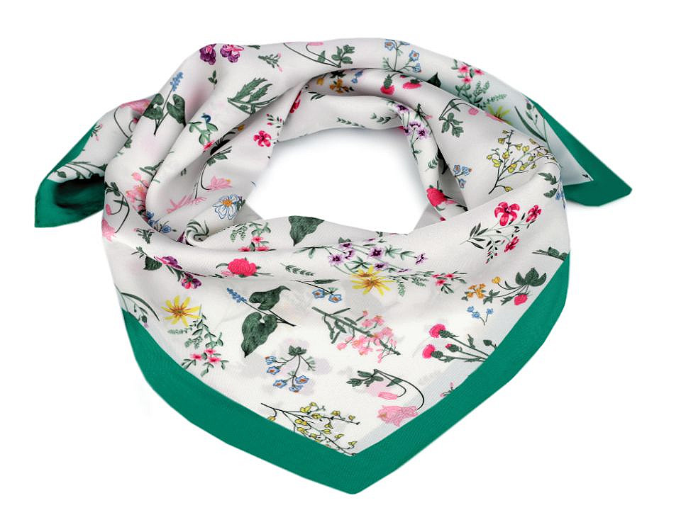 Satin scarf meadow flowers 50x50 cm, emerald green, 1 pc