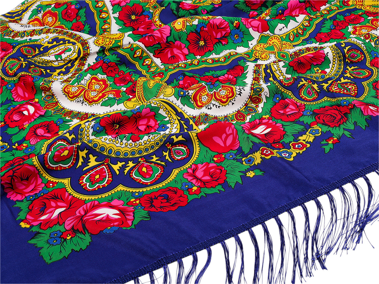Šátek folklór květy s třásněmi 105x105 cm, velké, 12 červená