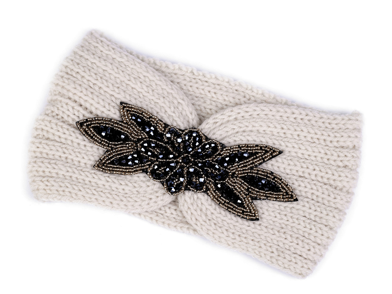 Women's winter headband with beaded patch, light cream, 1 pc