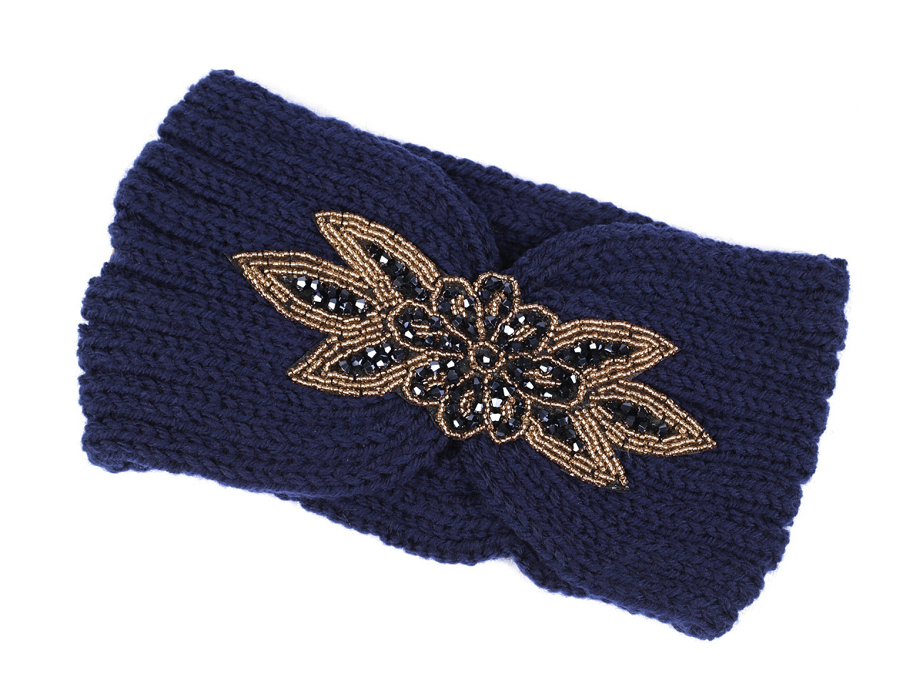 Damen Winter Stirnband mit Perlenaufnäher, dunkelblau, 1 Stück