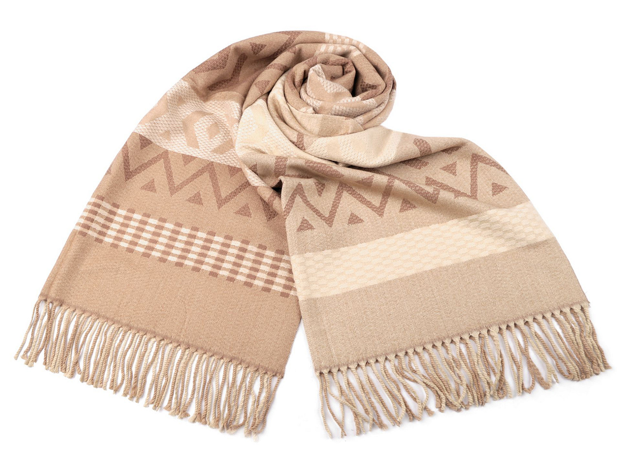 Winter scarf / plaid with fringes 65x185 cm, beige camel, 1 pc