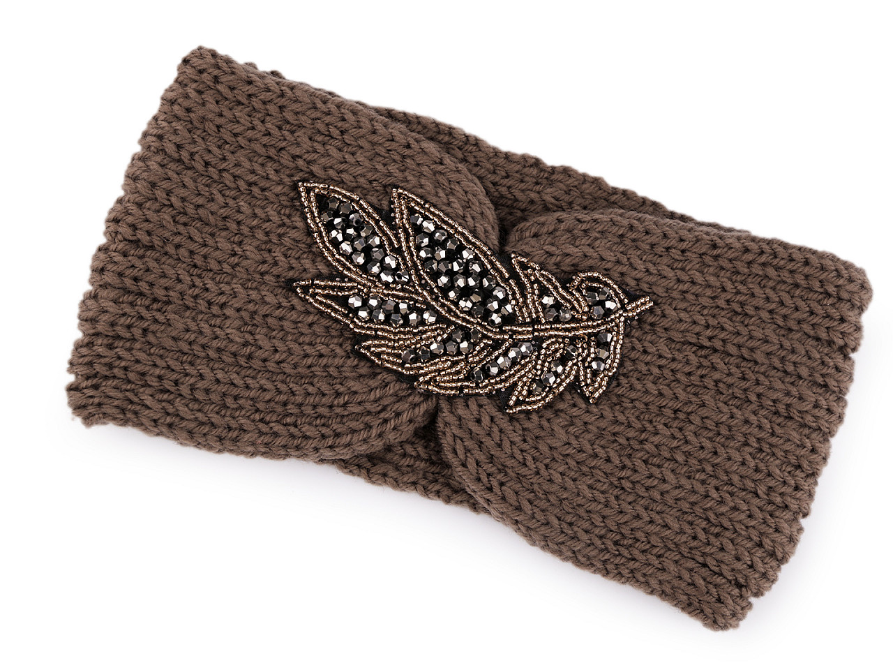 Women's winter headband with beaded leaf applique, dark beige, 1 pc