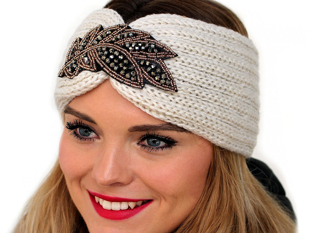 Womens winter headband with beaded leaf applique, light beige, 1 pc