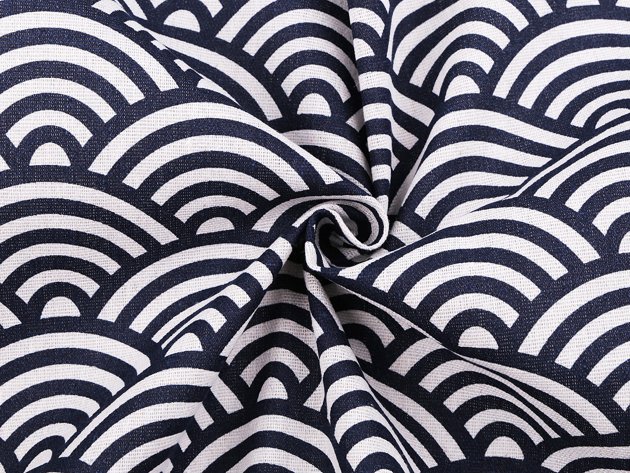 Bavlněná metráž / imitace lnu hrubší, vlnky, střední, režná modrá tmavá