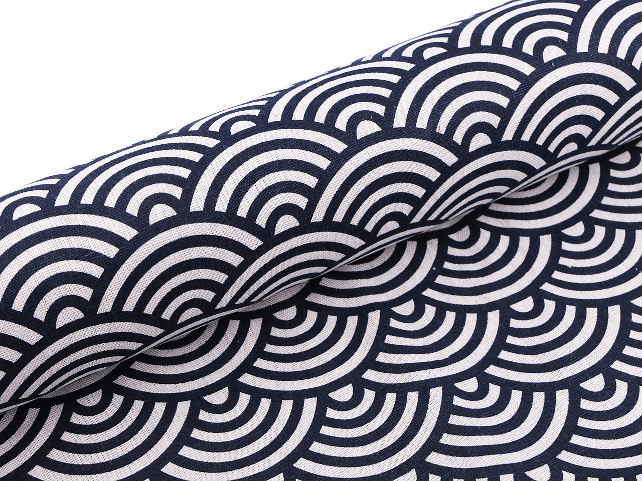 Bavlněná metráž / imitace lnu hrubší, vlnky, střední, režná modrá tmavá