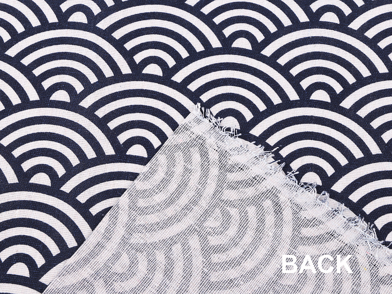 Bavlněná metráž / imitace lnu hrubší, vlnky, střední, režná modrá tmavá