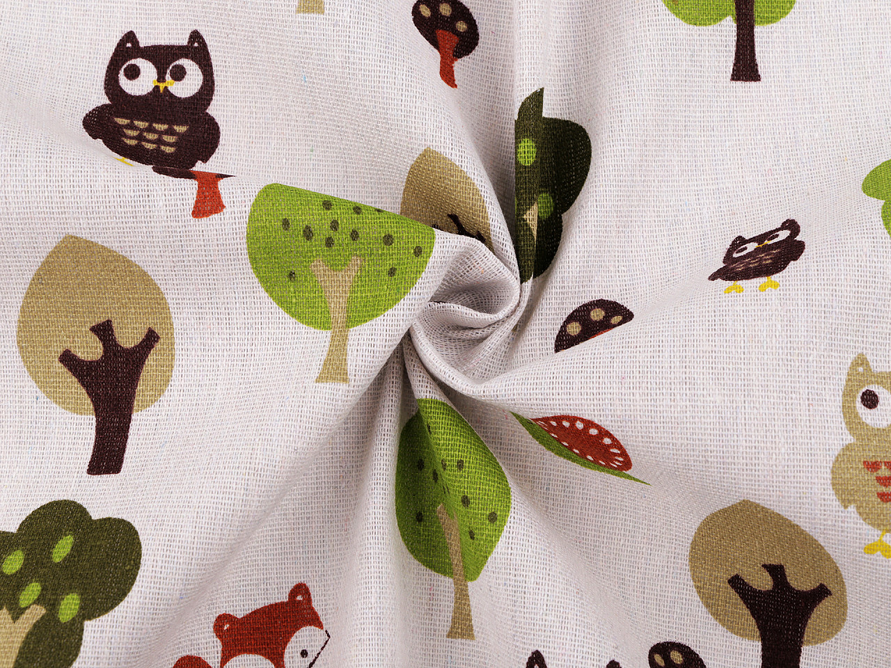 Bavlněná metráž / imitace lnu hrubší, lesní zvířátka, střední, režná