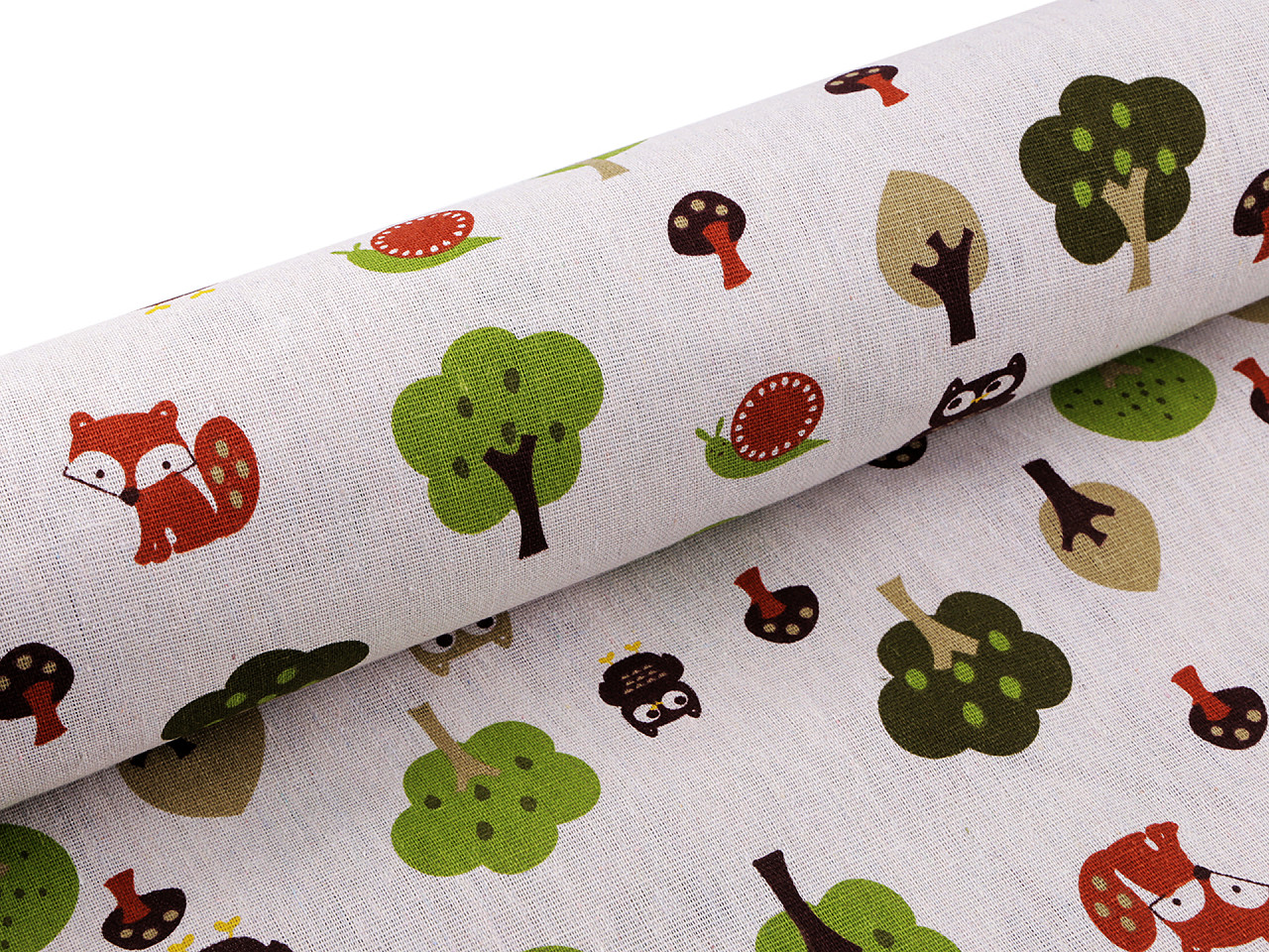 Bavlněná metráž / imitace lnu hrubší, lesní zvířátka, střední, režná