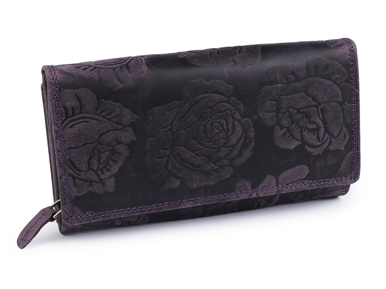Damen-Geldbörse aus Leder mit Blumen, dunkelviolett, 1 Stück