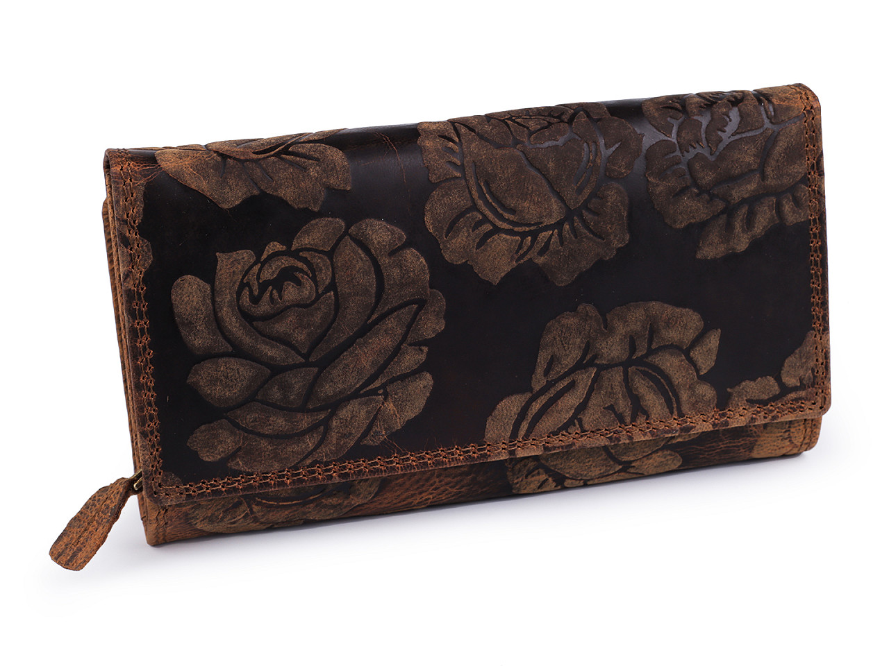 Damen-Geldbörse aus Leder mit Blumen, braun, 1 Stück