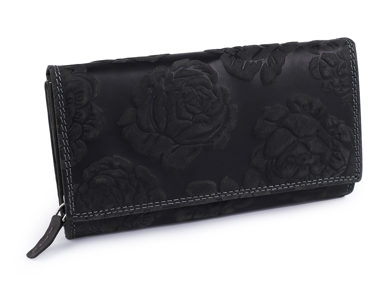 Damen-Geldbörse aus Leder mit Blumen, schwarz, 1 Stück