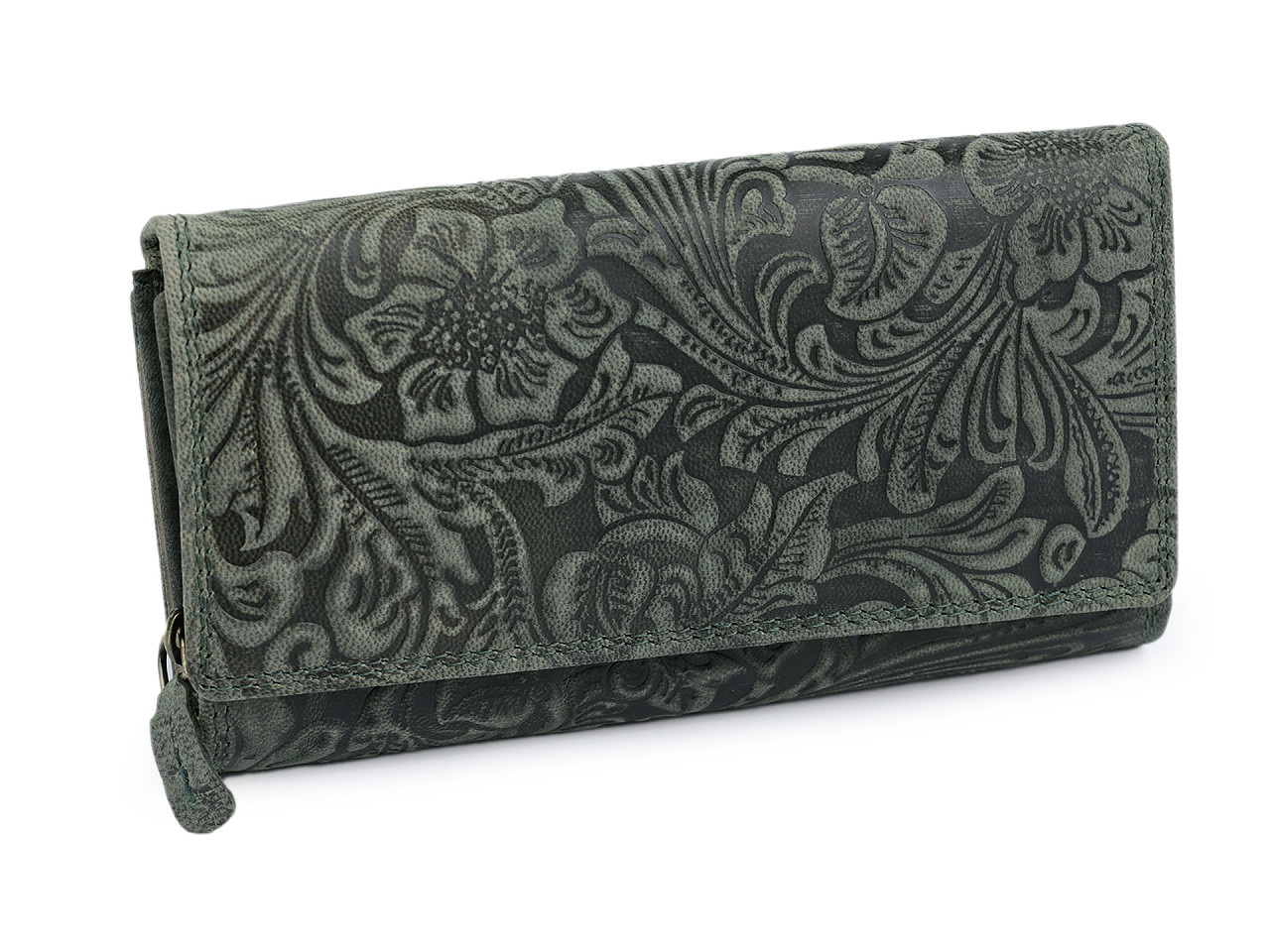 Damen-Geldbörse aus Leder mit Blumen, grün-schwarz, 1 Stück