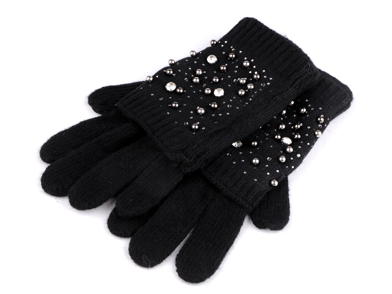 Mănuși de damă din lână cu perle și pietre prețioase „2 în 1”, negre, 1 pereche
