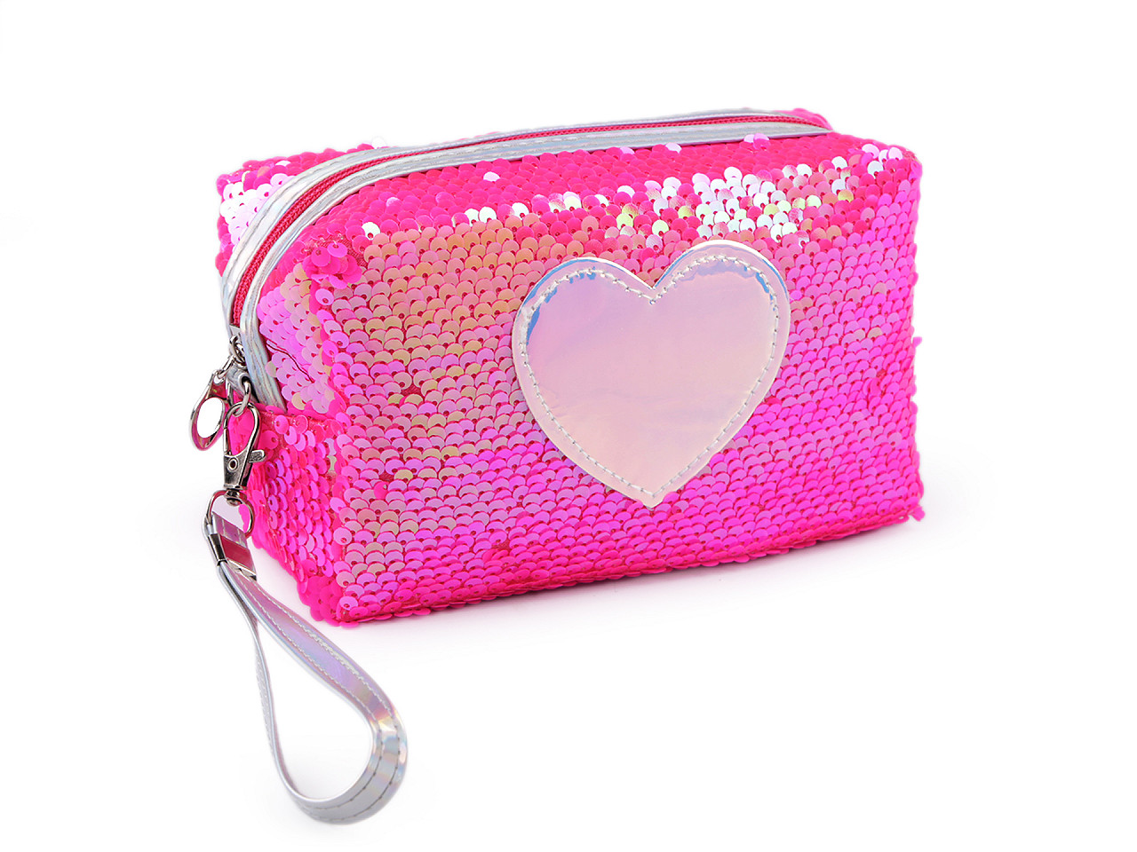 Husă/trusă cosmetică cu paiete reversibile și inimă 11x18 cm, roz, 1 buc