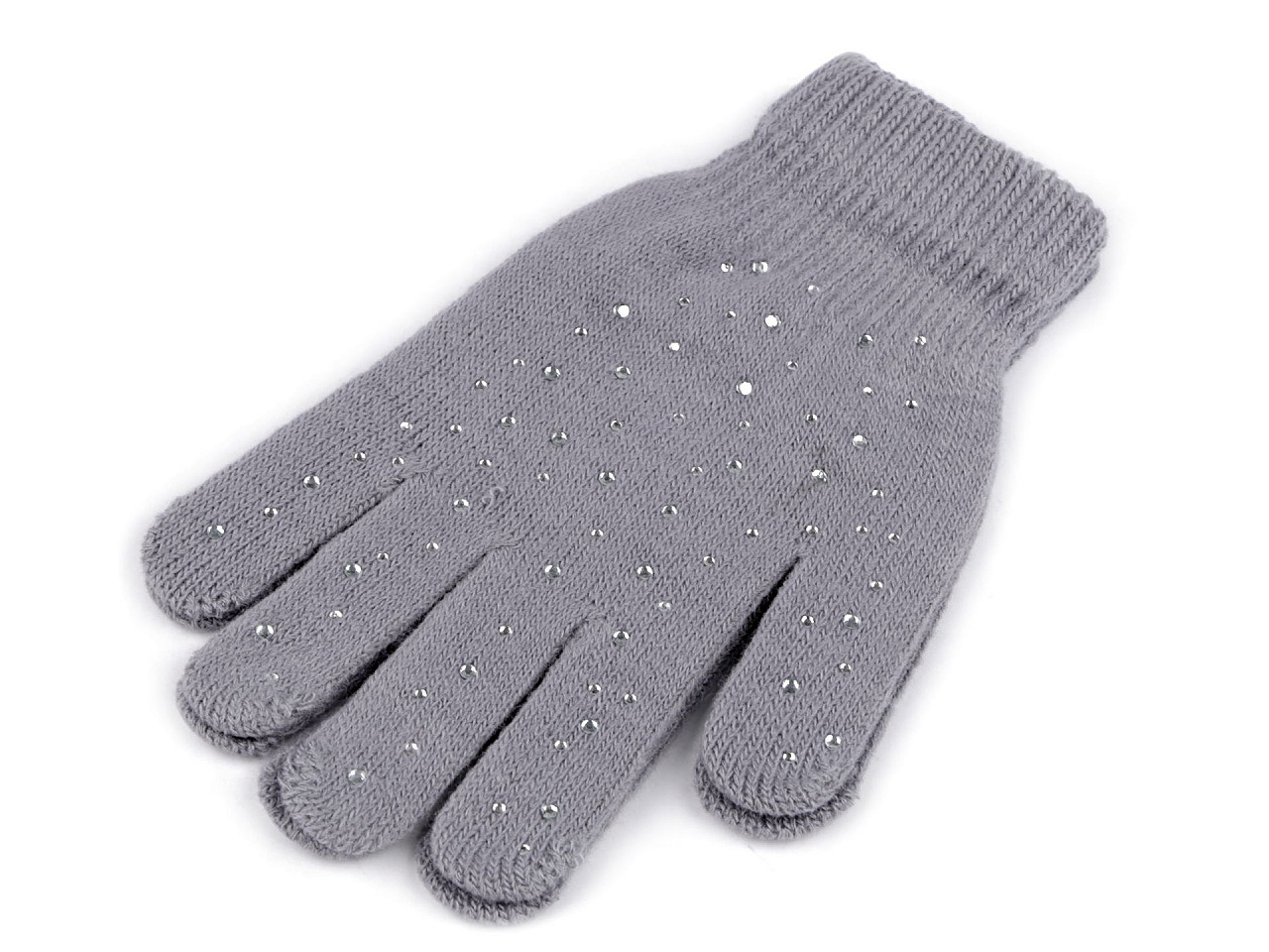 Womens / girls knitted gloves with rhinestones, gray, 1 pair