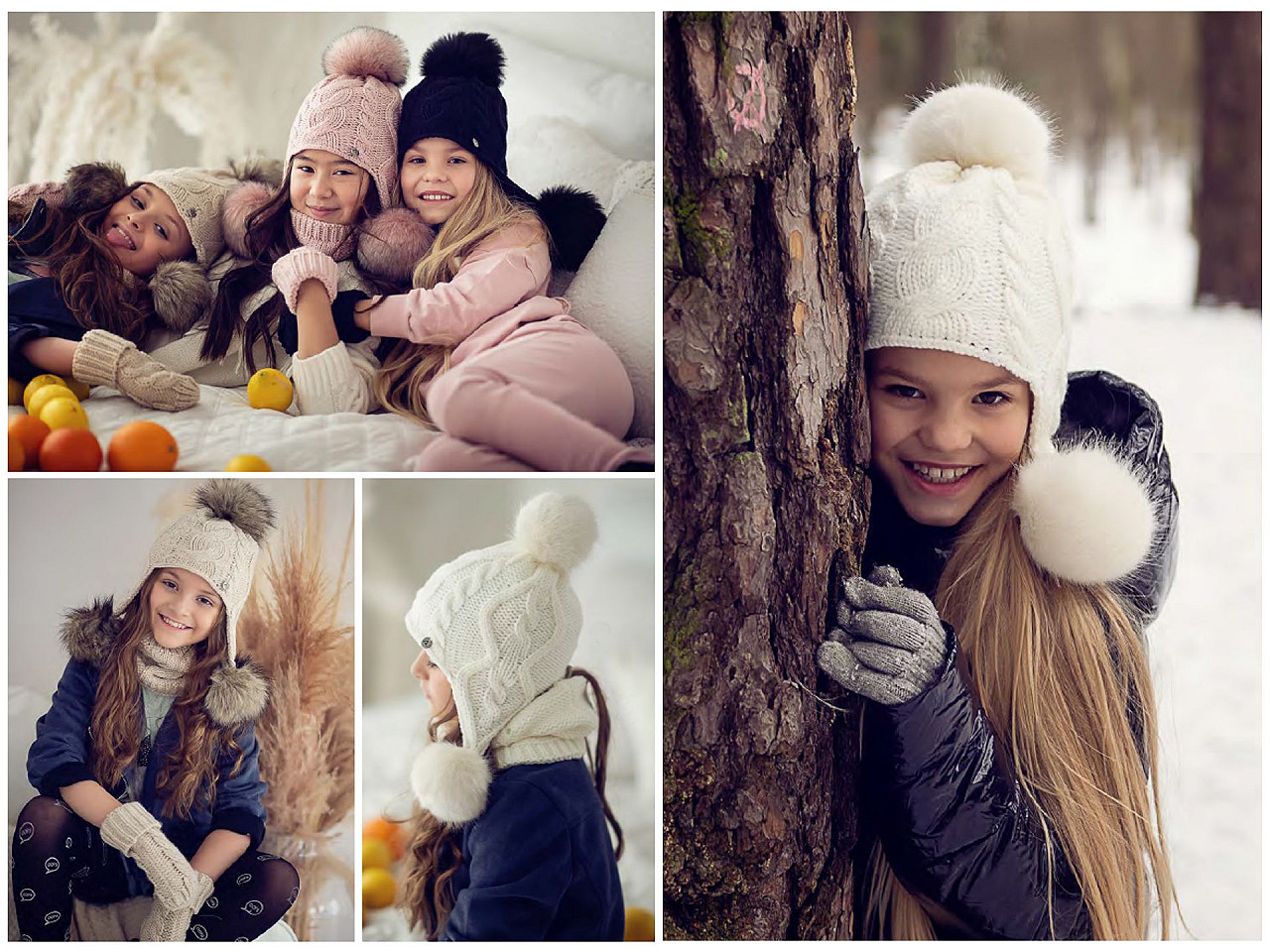 Căciulă de iarnă pentru copii/fete cu pompoane, bej deschis, 1 buc