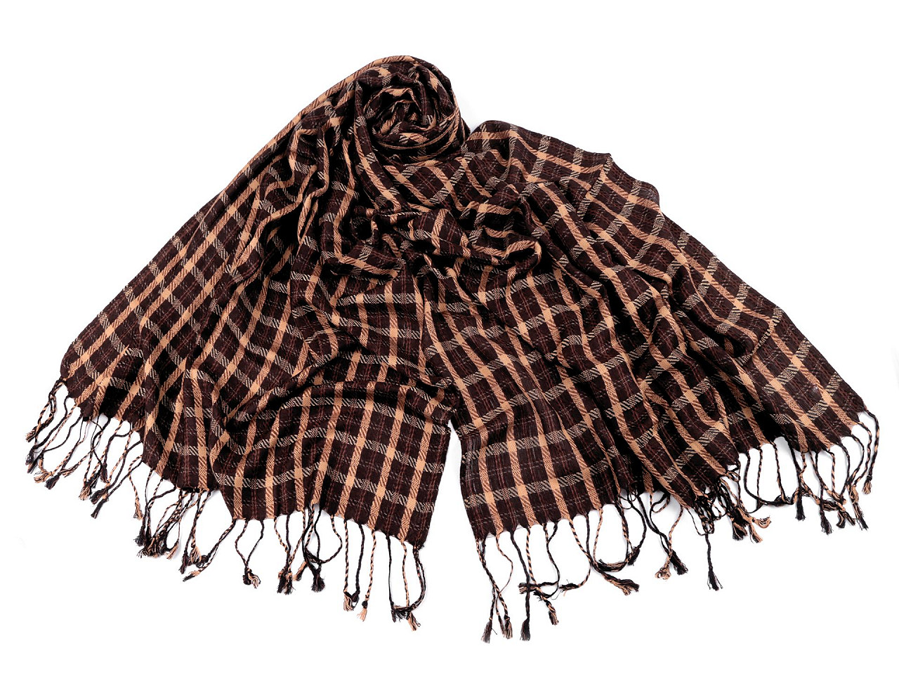 Casual plaid scarf with tassels 70x170 cm, brown, 1 pc