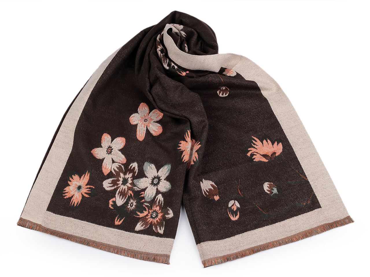 Cashmere-type scarf / shawl with fringes, flowers 65x190 cm, light beige, 1 pc