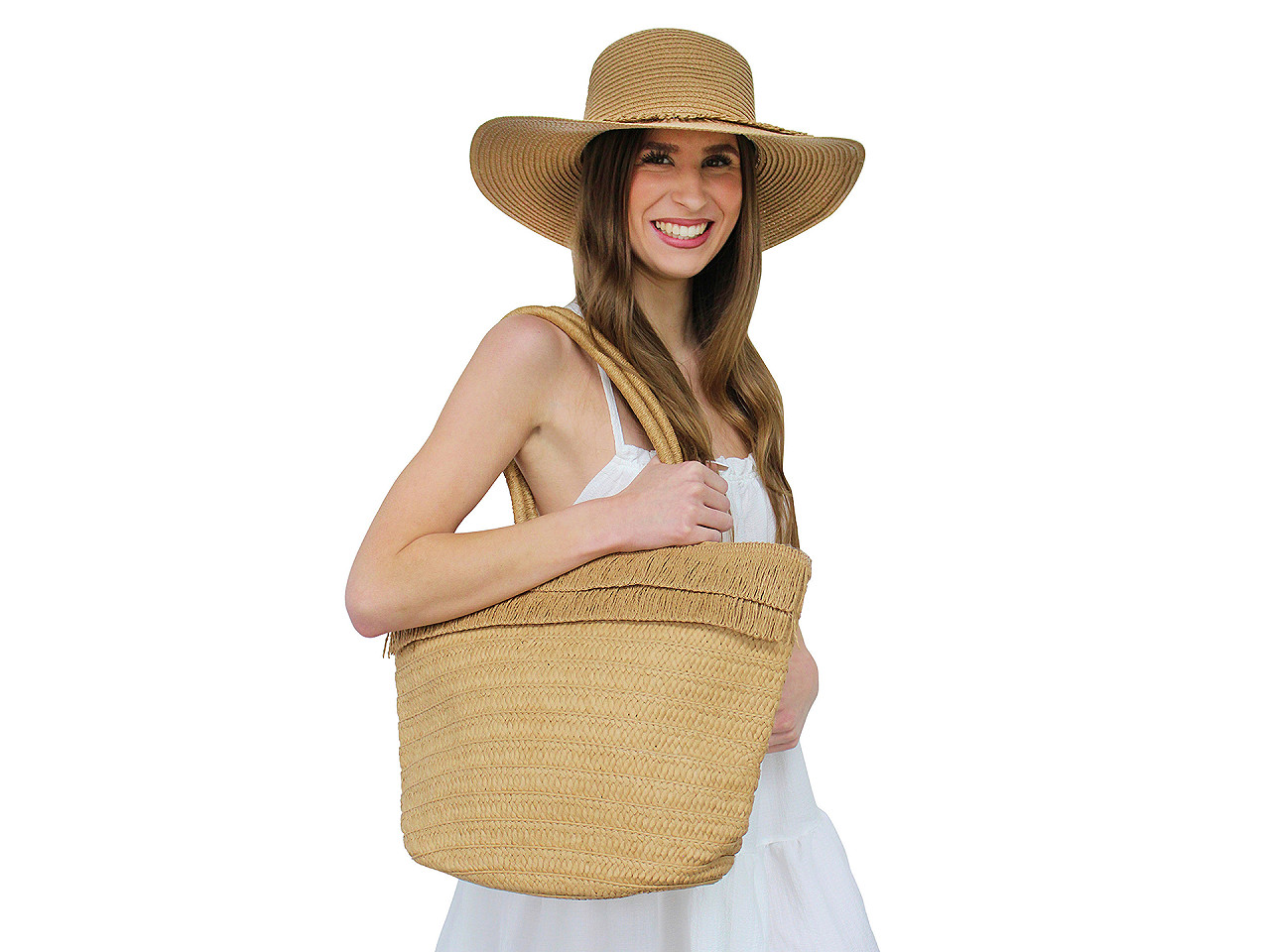 Womens Summer Hat / Straw Hat and Bag Set, Brown Natural, 1 Set