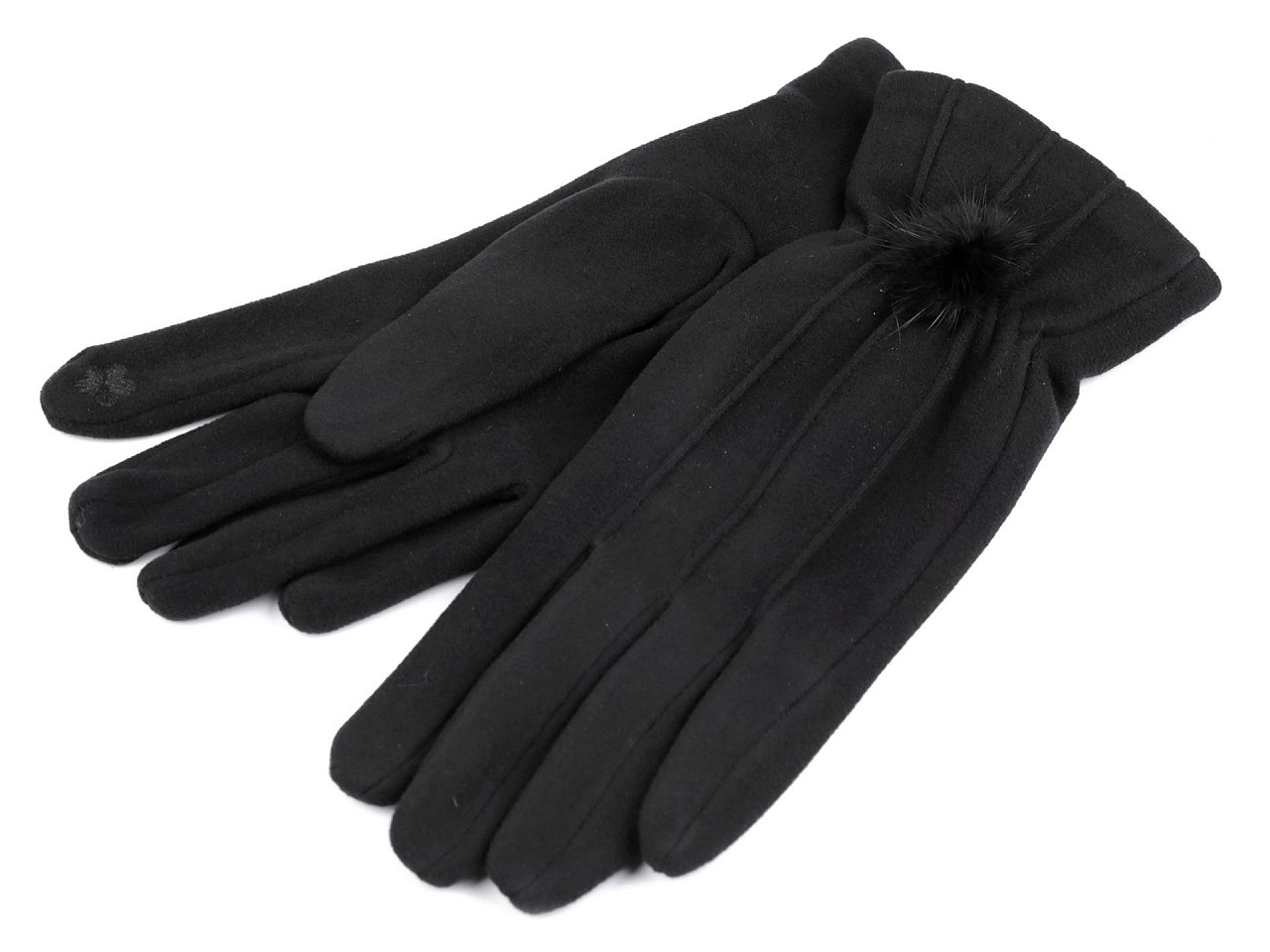 Damenhandschuhe mit Fellbommel, Touchscreen-fähig, schwarz, 1 Paar