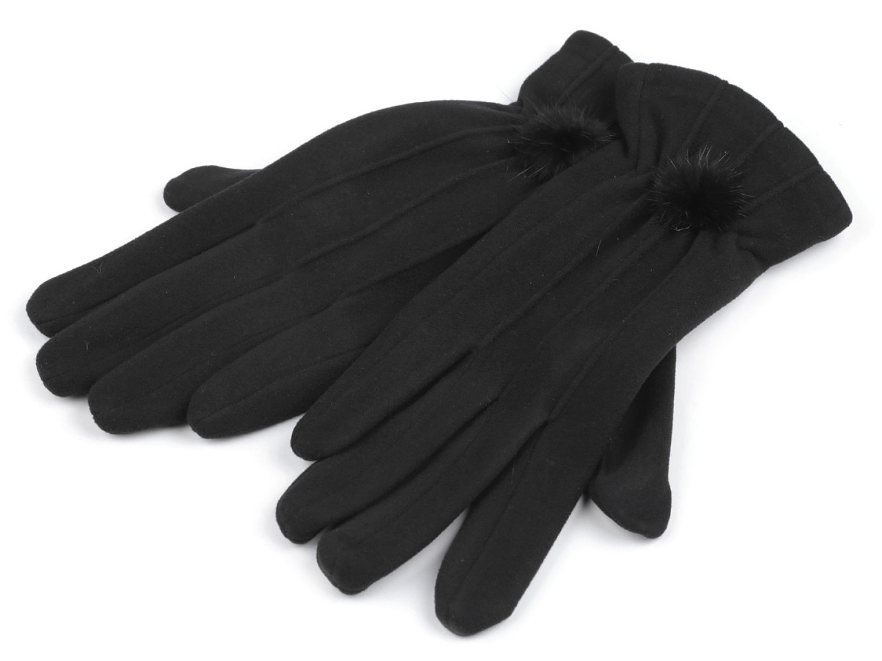 Mănuși de damă cu pompon din blană, cu funcție tactilă, negre, 1 pereche