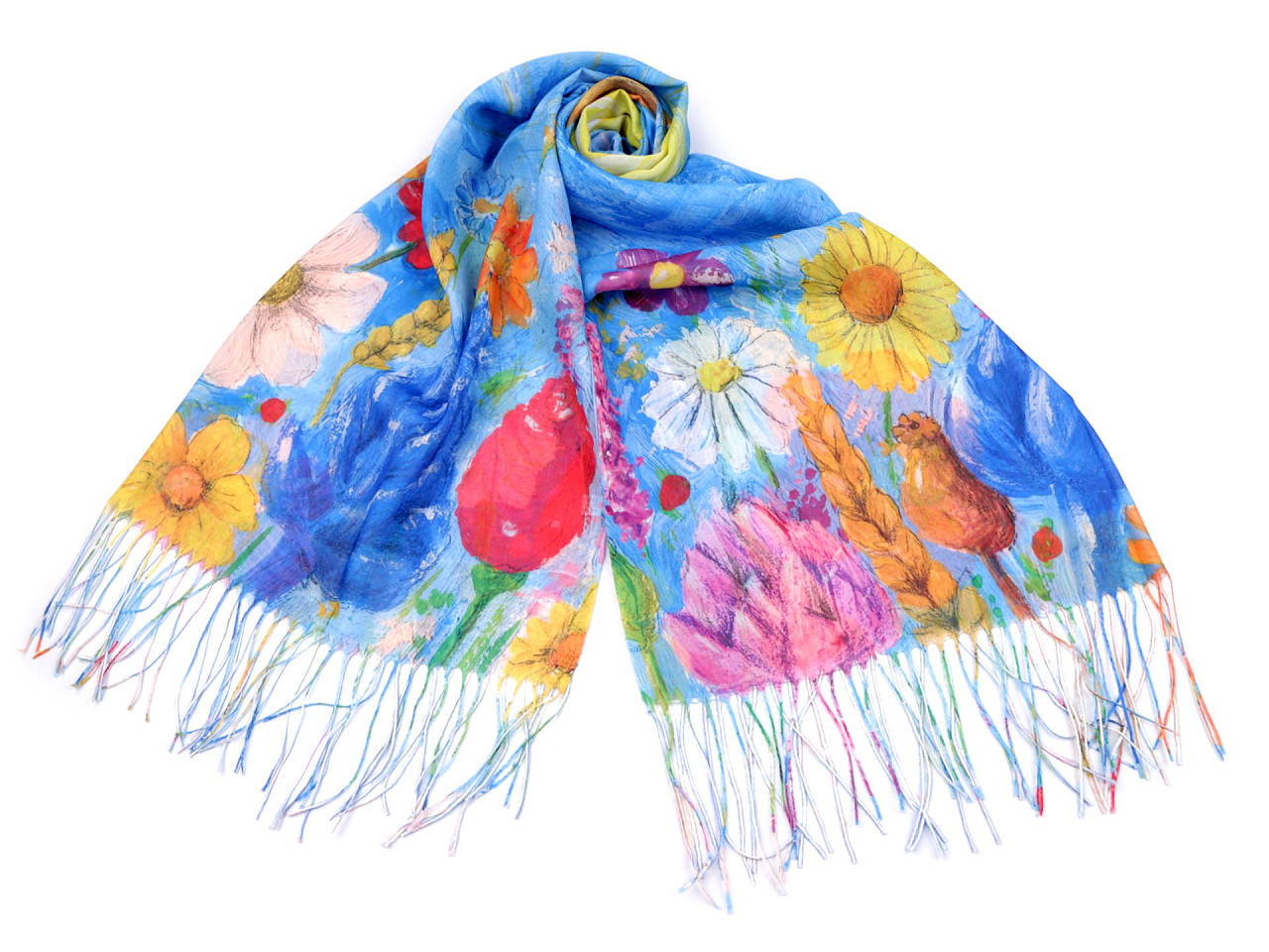 Scarf / shawl with tassels painted flowers 70x175 cm, azure blue, 1 pc