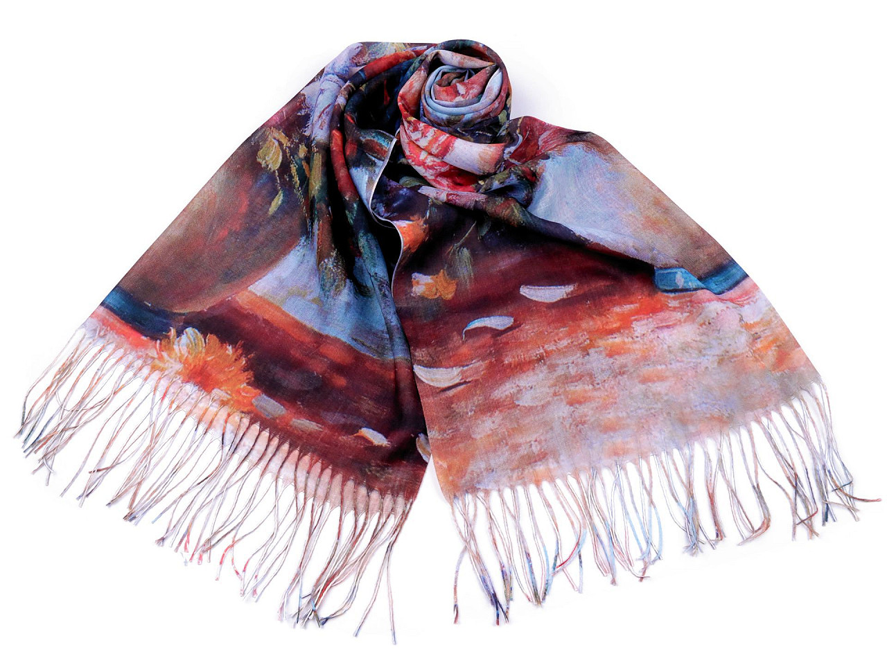 Scarf / shawl with tassels painted flowers 70x175 cm, light blue, 1 pc