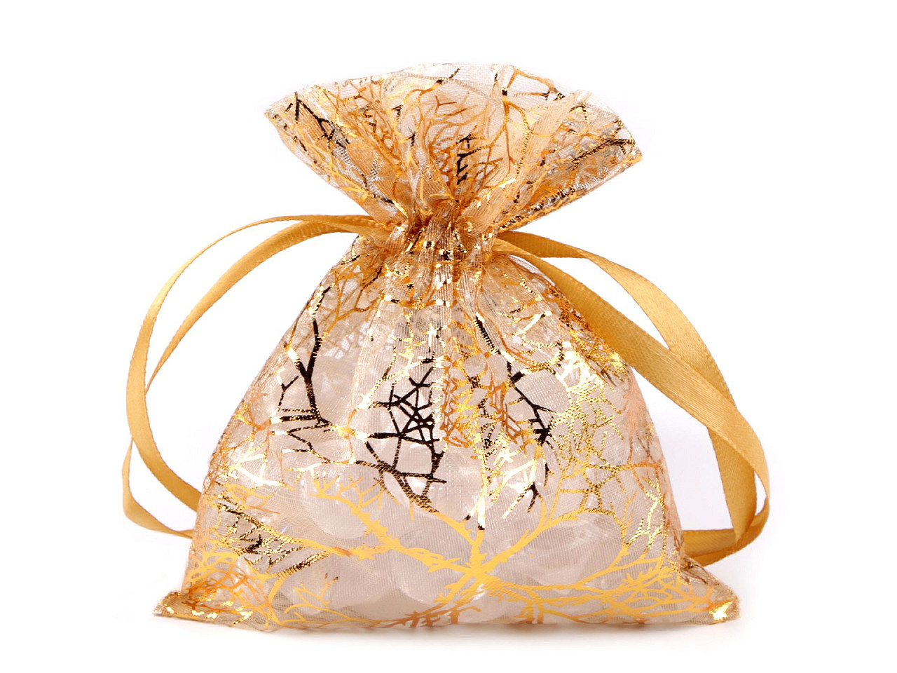 Darčekové vrecúško zlaté vetvičky / strom 10x13 cm organza