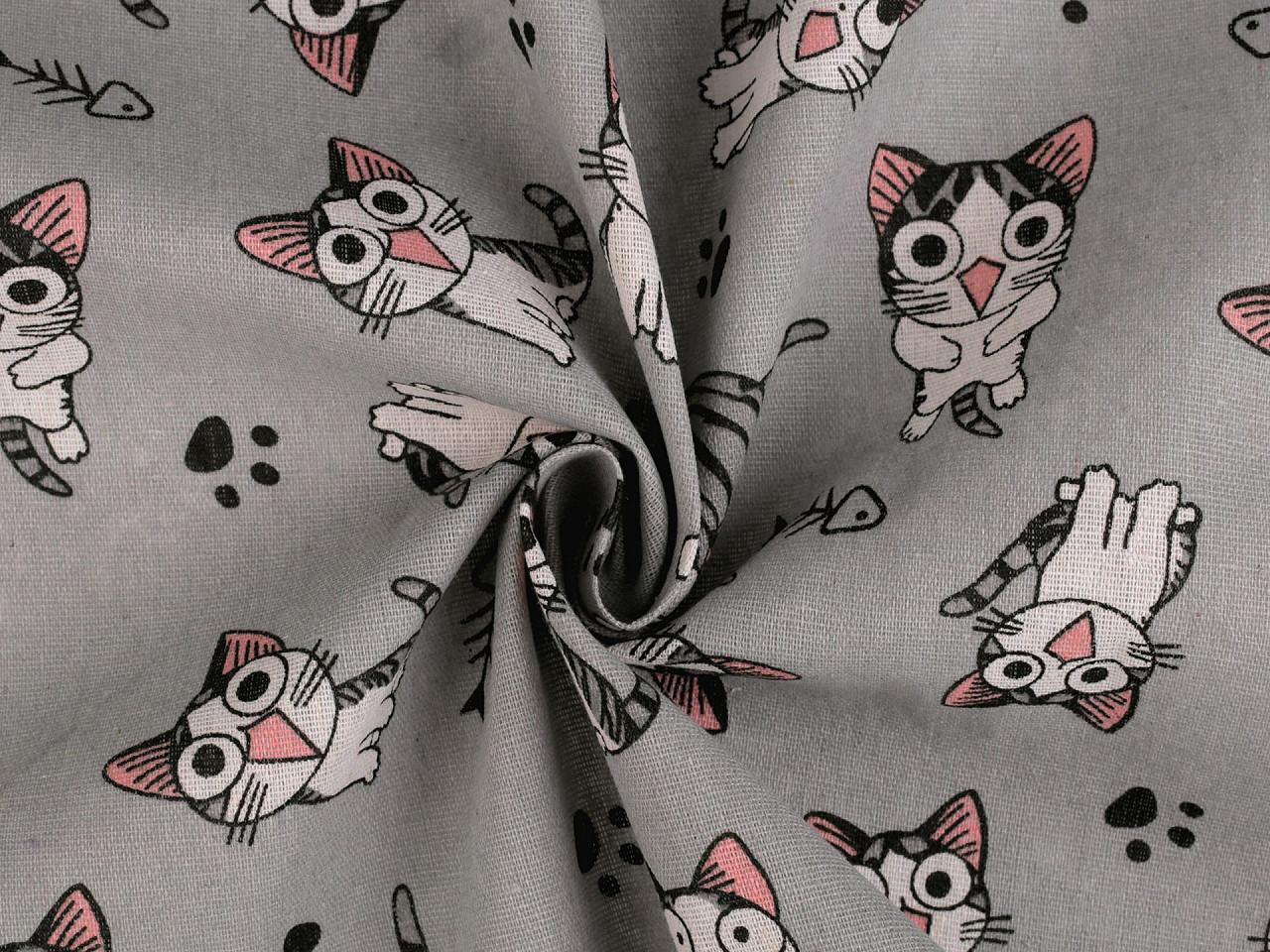 Bavlněná metráž / imitace lnu hrubší, kočka, střední, šedá světlá