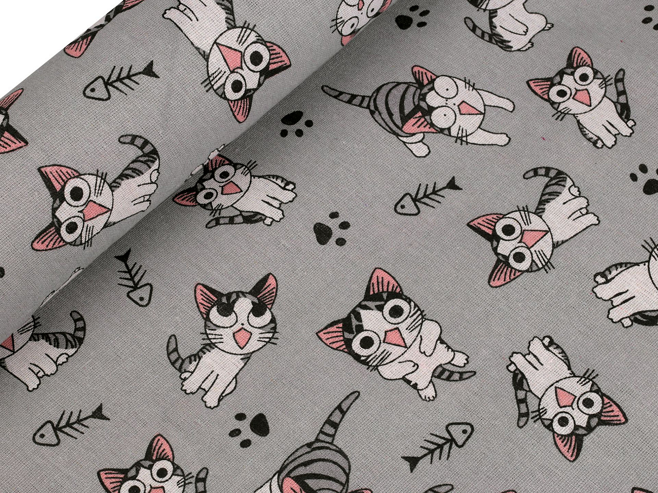 Bavlněná metráž / imitace lnu hrubší, kočka, střední, šedá světlá