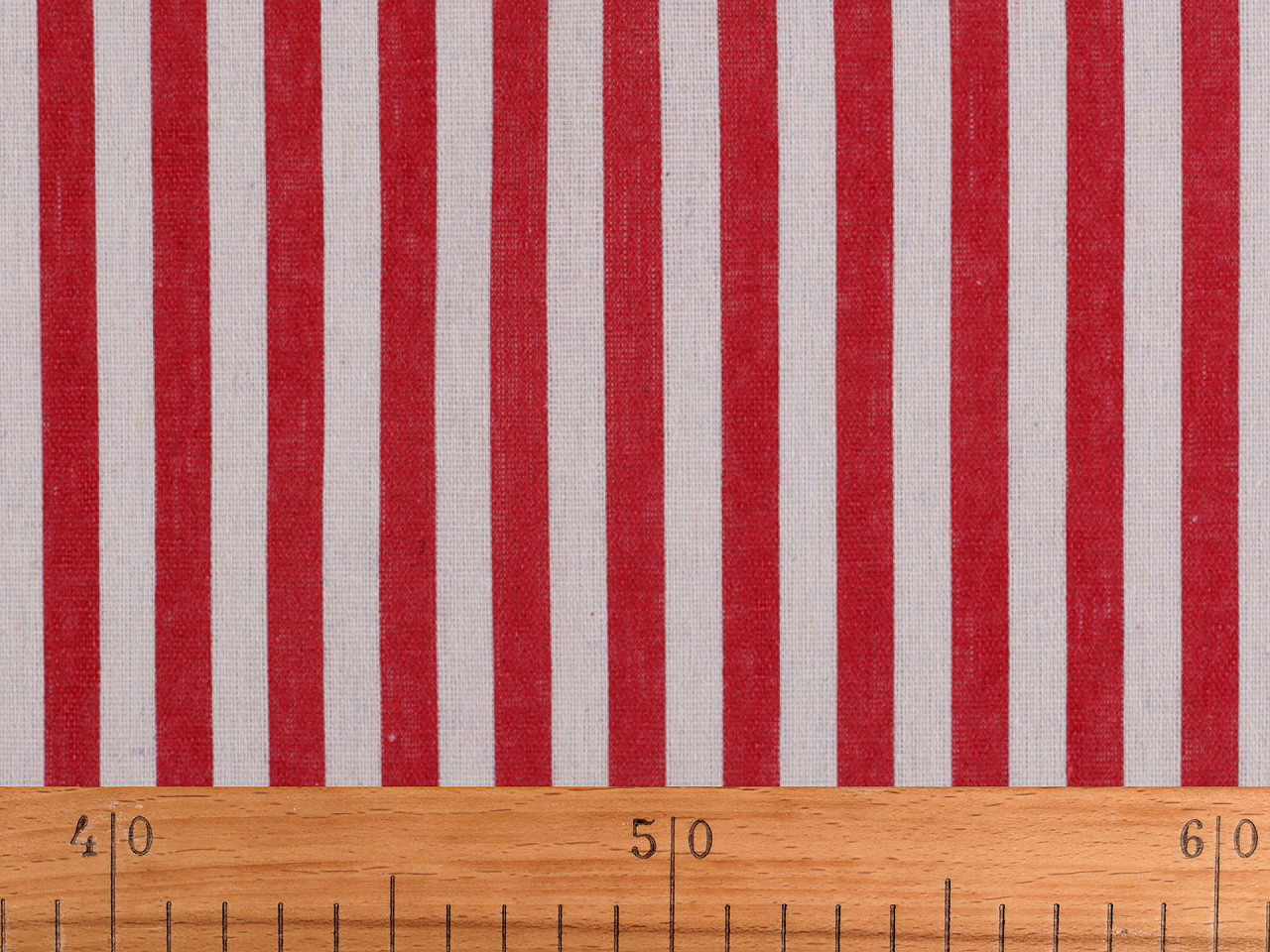 Bavlněná metráž / imitace lnu hrubší, pruhy, střední, 1 červená
