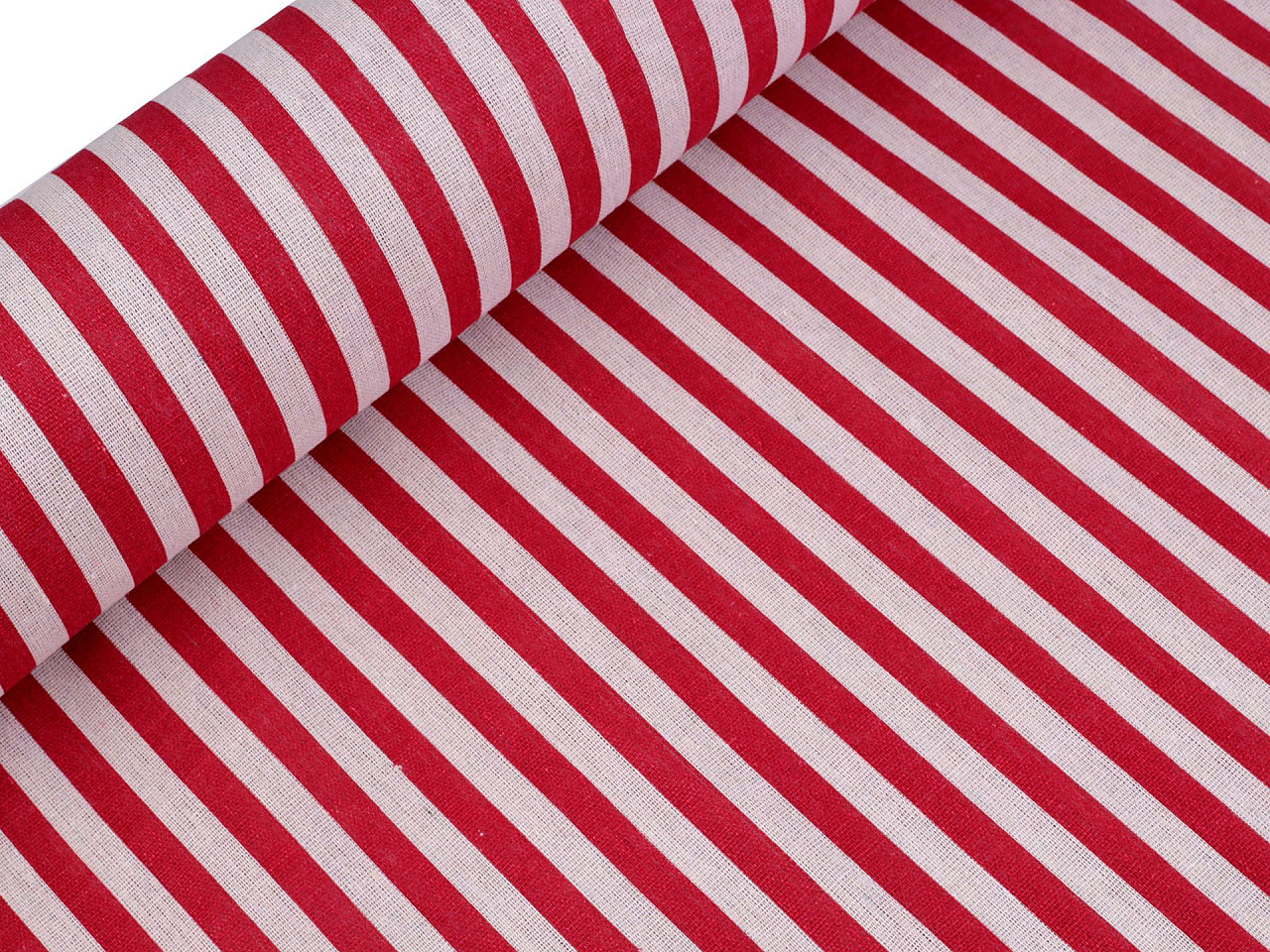 Bavlněná metráž / imitace lnu hrubší, pruhy, střední, 1 červená