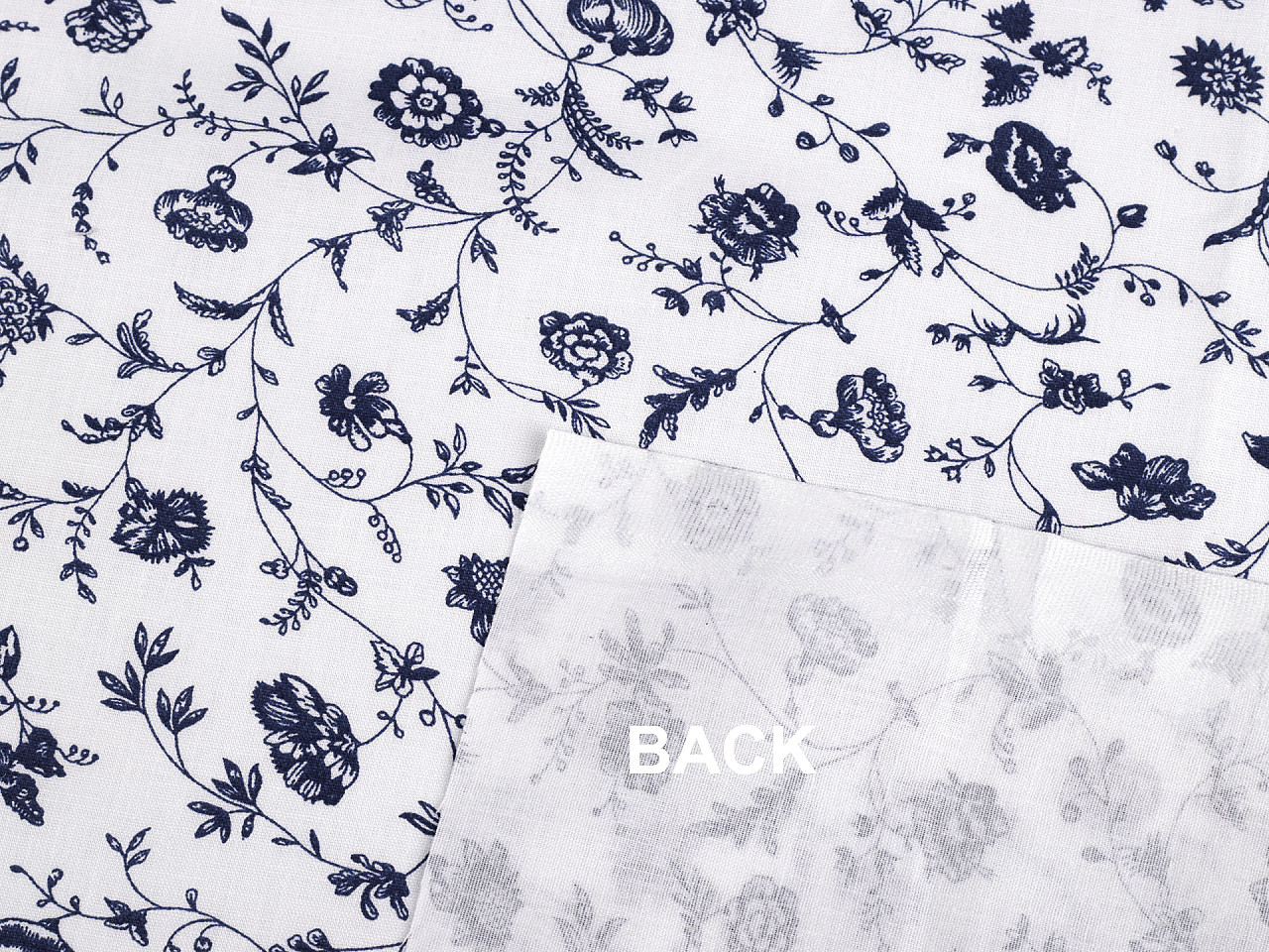 Bavlněná látka / plátno rostliny / květy, střední, 3 modrá tmavá