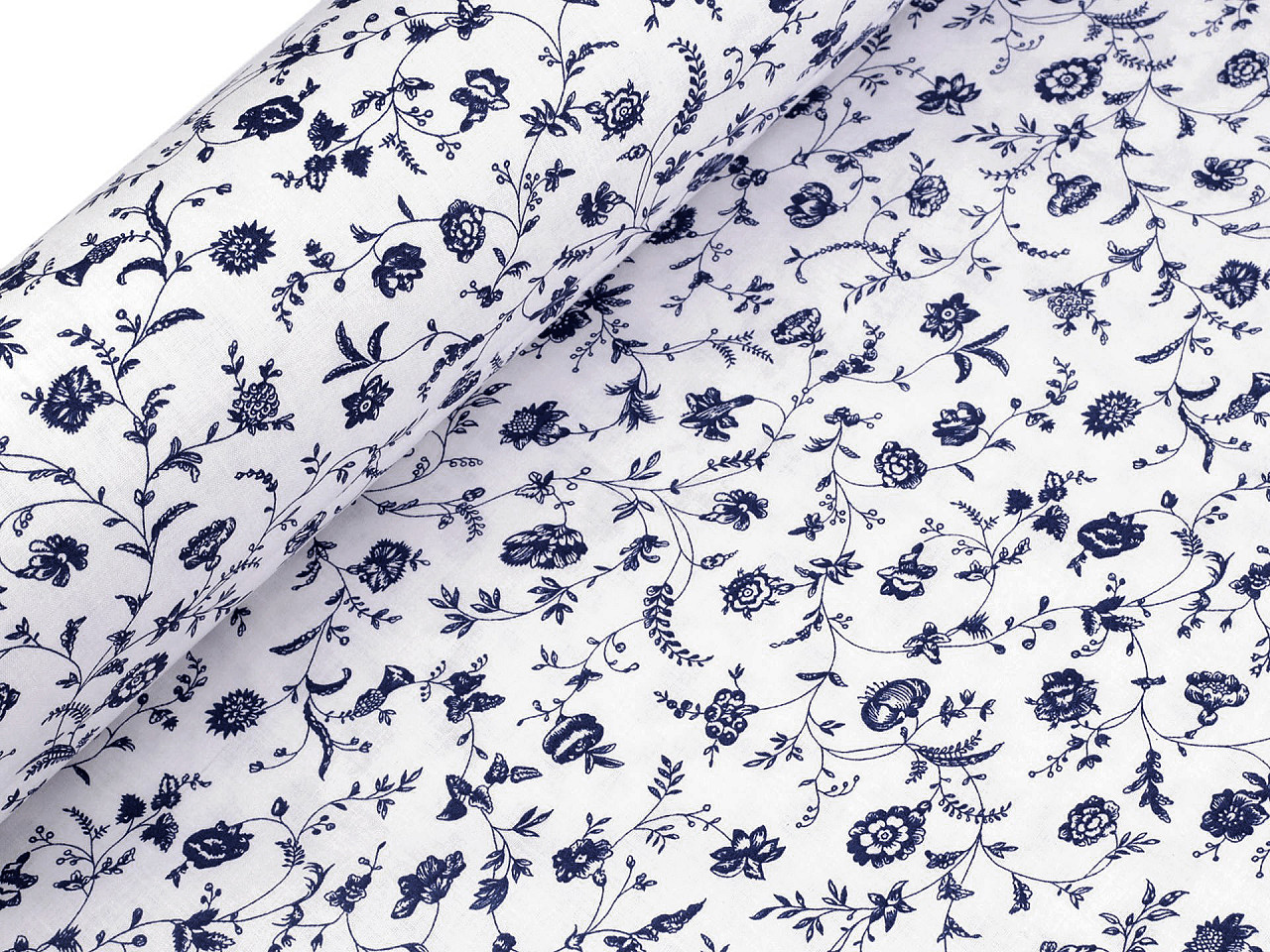 Bavlněná látka / plátno rostliny / květy, střední, 3 modrá tmavá