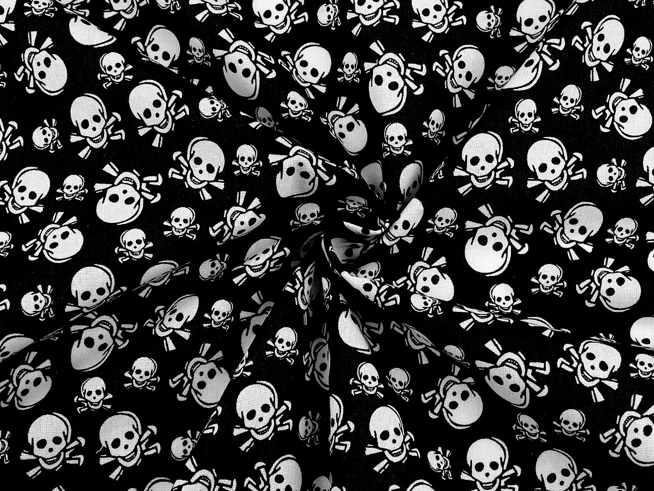 Bavlněná látka / plátno lebky, střední, černá bílá