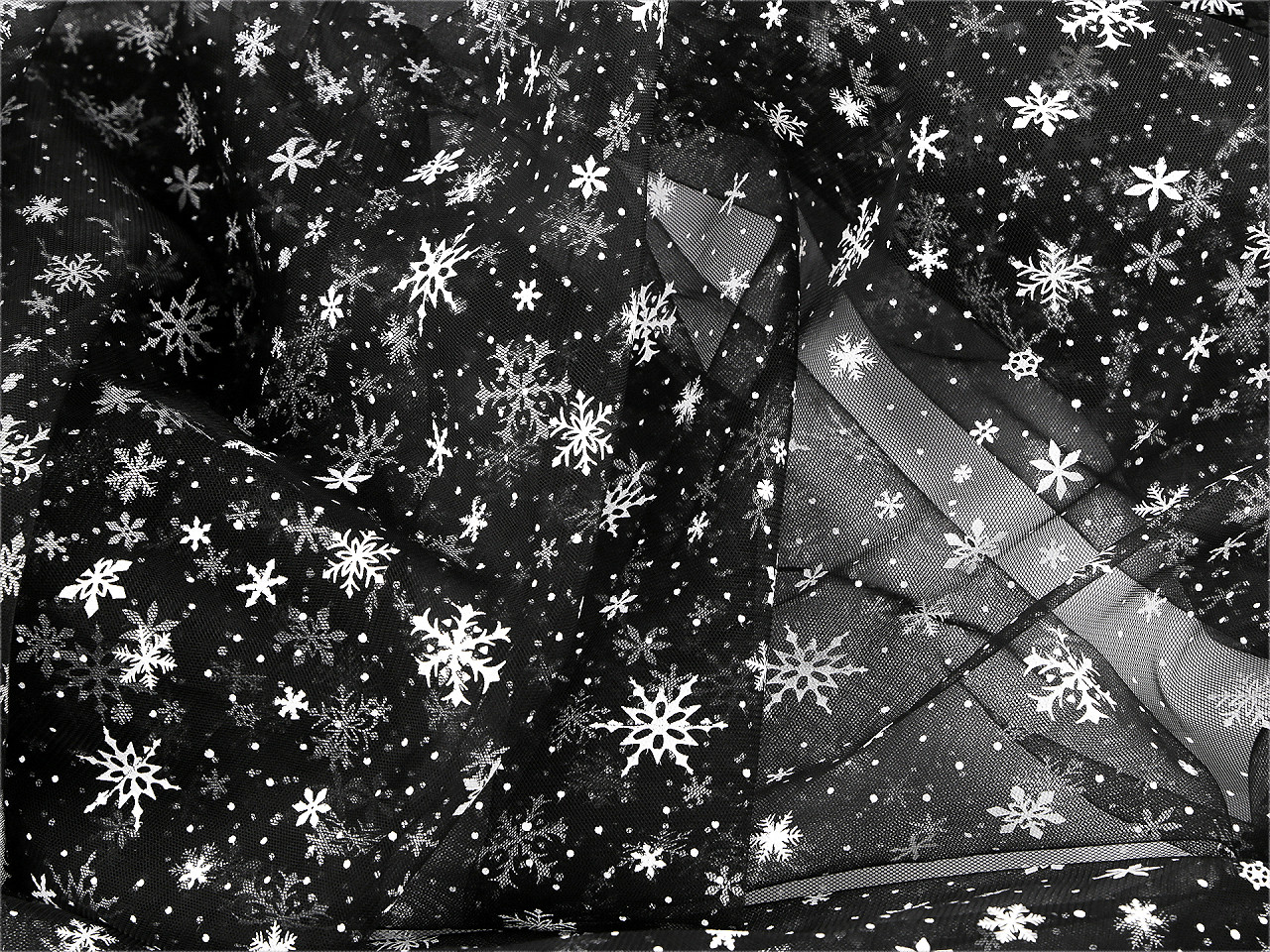 Tyl vánoční vločky, střední, 2 černá