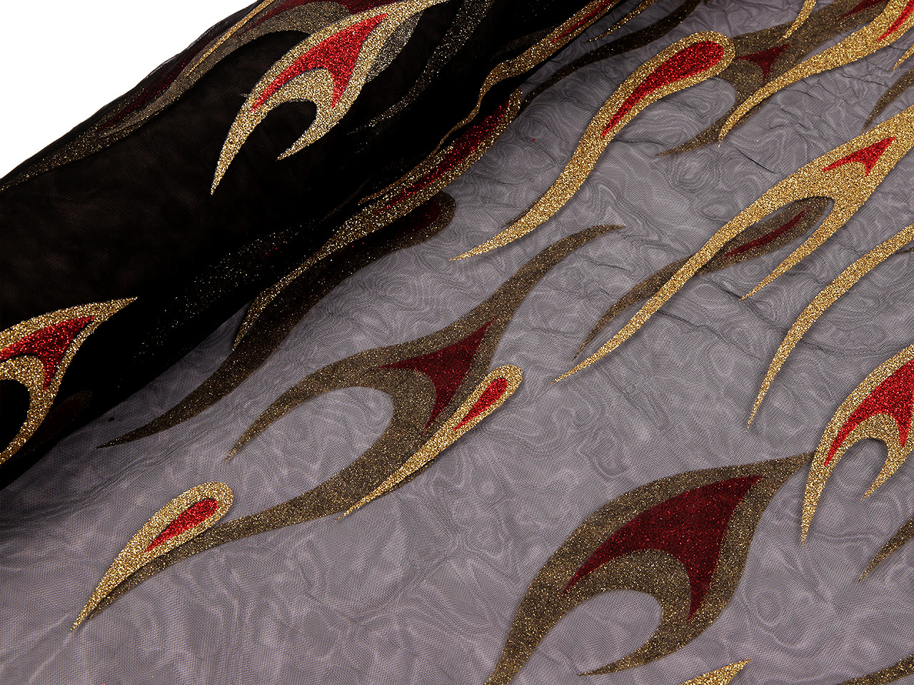 Tyl s plameny a glitry, střední, černá