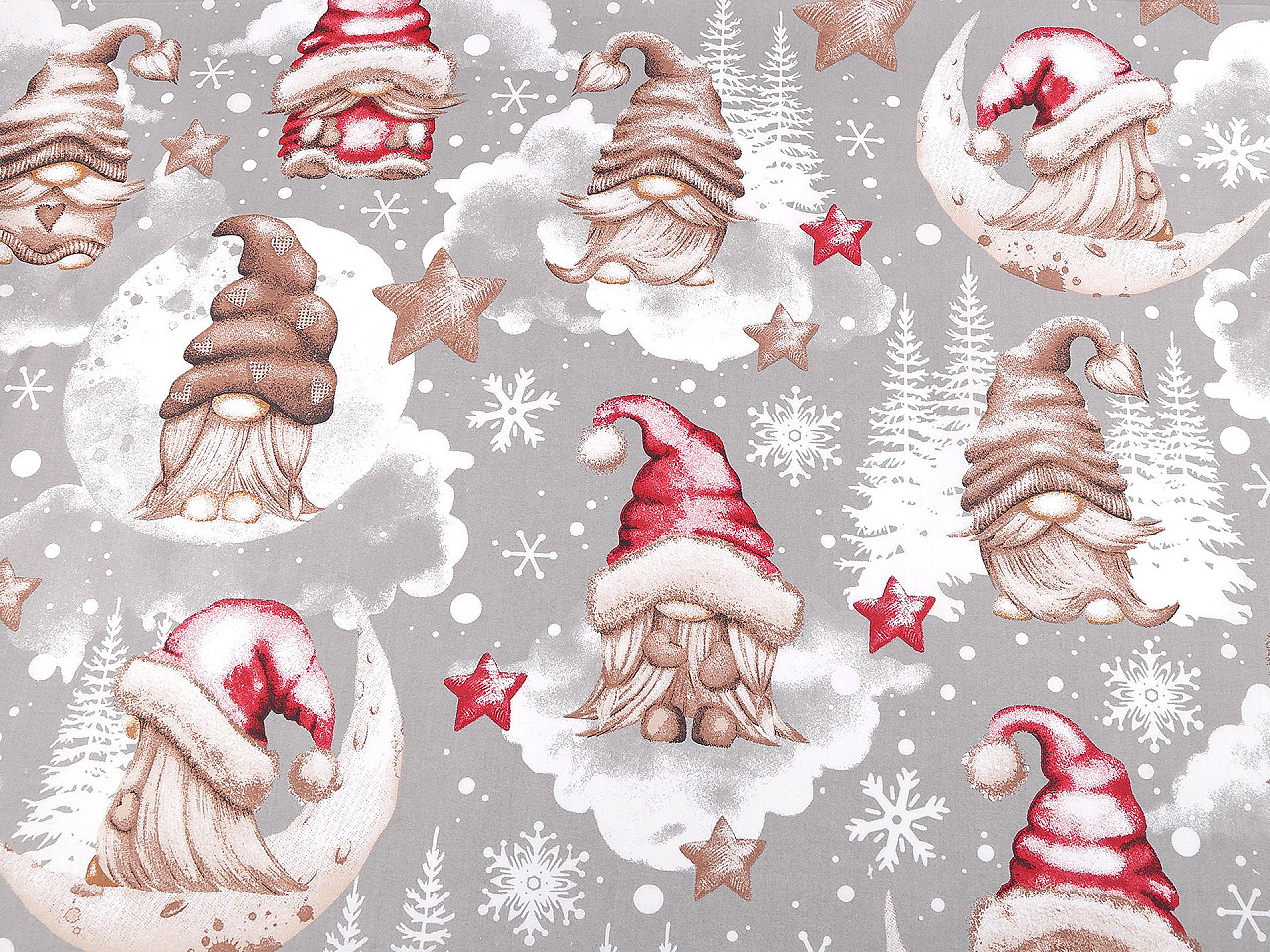 Vánoční bavlněná látka / plátno skřítek, střední, šedá